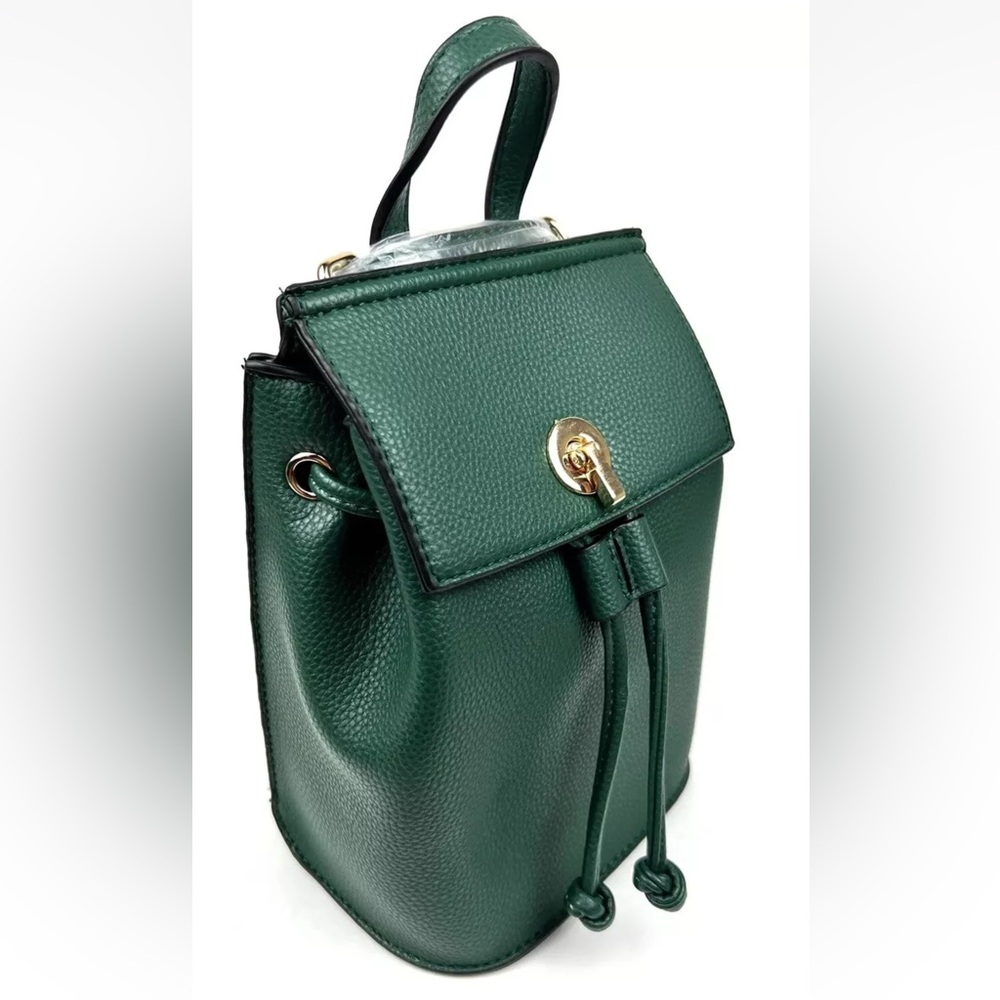 Green Leather Backpack Minimal Gold Hardware New - Picture 2 of 7